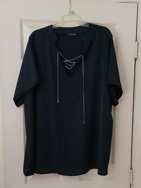 Women's Navy Lace-Up Short Sleeve Shirt